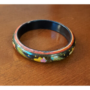 Vintage Painted Wooden Bangle • Floral Boho Hippie Bracelet • 3" Diameter